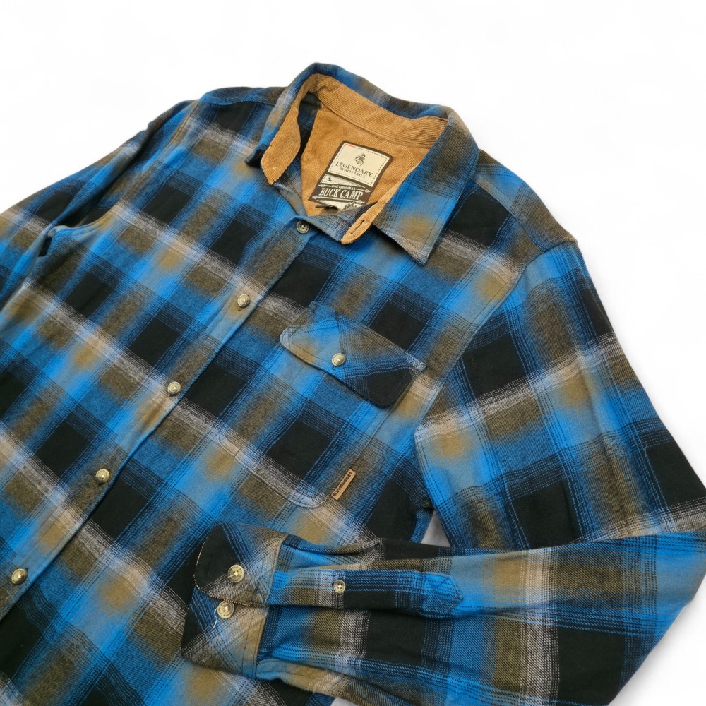 Legendary Whitetails Buck Camp Flannel Shirt Blue Plaid Corduroy Collar M Retro - Picture 2 of 10
